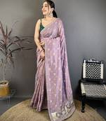 lavender vichitra silk animal motifs foil print sequin embroidery work bandhani saree