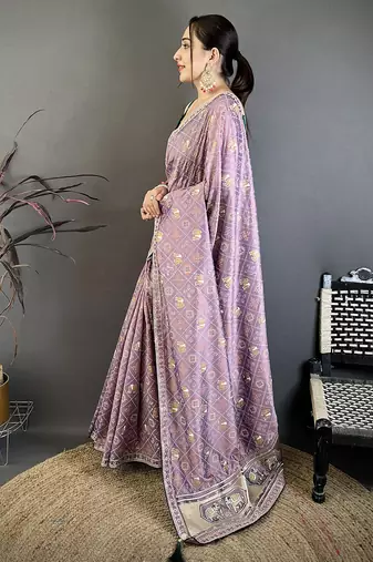lavender bandhani silk saree with foil print work