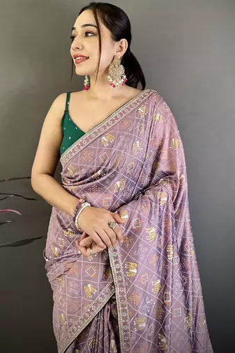 lavender bandhani silk saree with foil print work