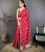 hot pink vichitra silk animal motifs foil print sequin embroidery work bandhani saree