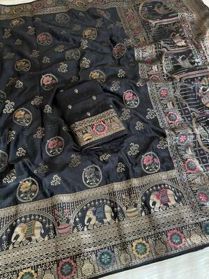 black satin silk wedding saree with meenakari zari work 1