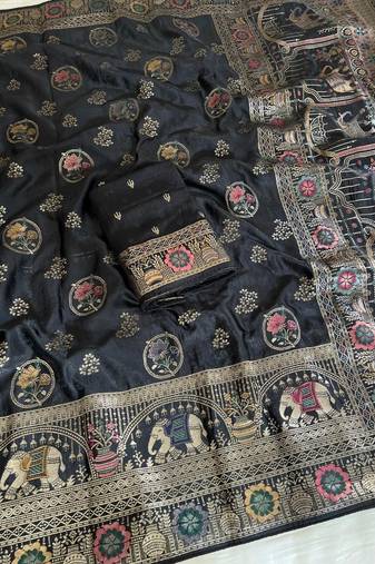 Black Color  Meenakari Zari Weaving Work  Satin Silk  Saree