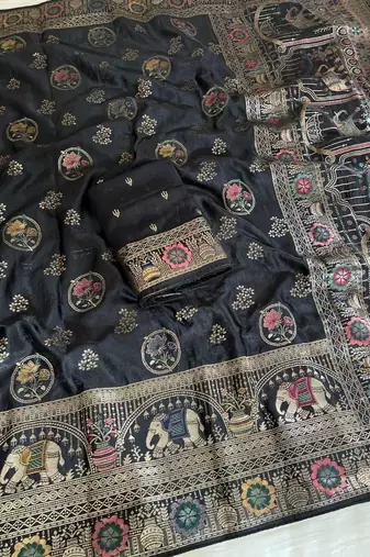 Black Color  Meenakari Zari Weaving Work  Satin Silk  Saree