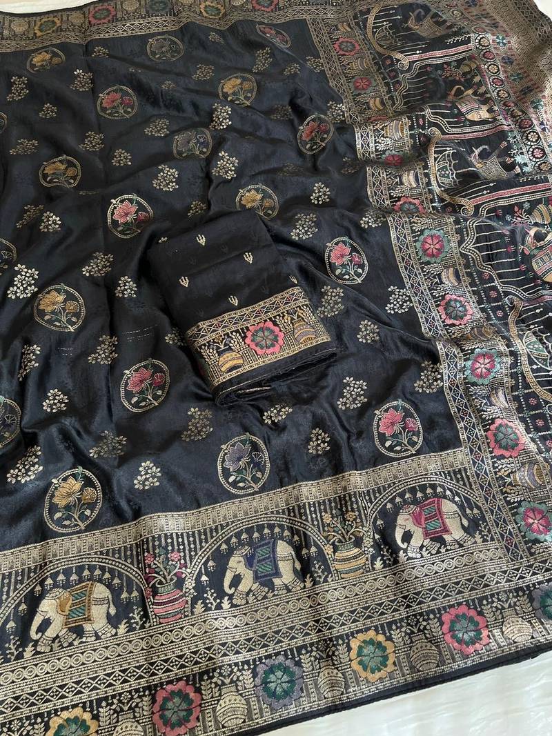 Black Color  Meenakari Zari Weaving Work  Satin Silk  Saree