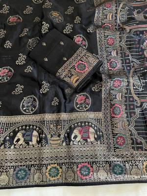 black satin silk wedding saree with meenakari zari work 2