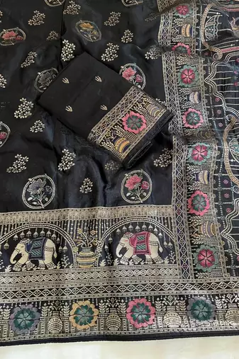 black satin silk wedding saree with meenakari zari work