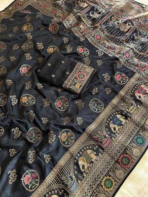 black satin silk wedding saree with meenakari zari work 3