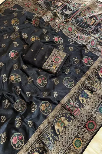 black satin silk wedding saree with meenakari zari work