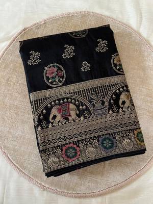 black satin silk wedding saree with meenakari zari work 4