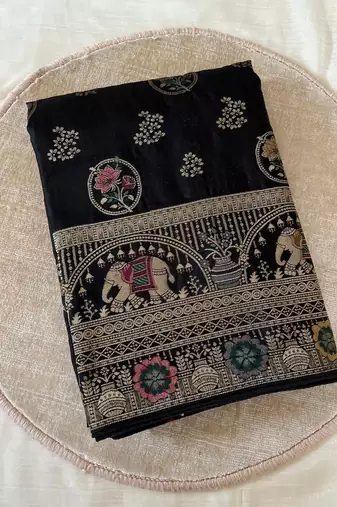black satin silk wedding saree with meenakari zari work