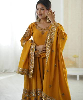 Mustard Roman Silk Embroidered Sequence Anarkali Set with Dupatta 1