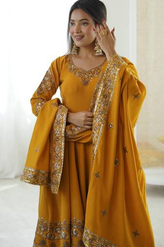 Mustard Roman Silk Embroidered Sequence Anarkali Set with Dupatta