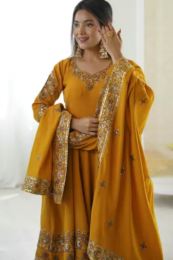 Mustard Roman Silk Embroidered Sequence Anarkali Set with Dupatta