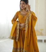 Mustard Roman Silk Embroidered Sequence Anarkali Set with Dupatta