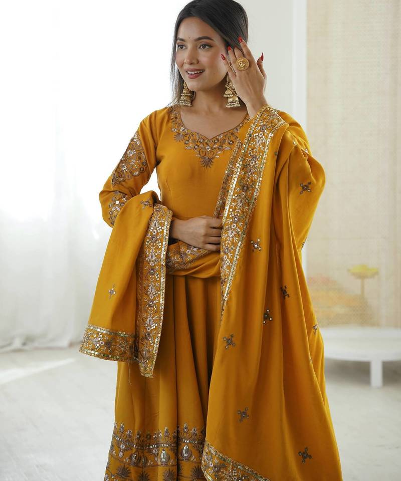 Mustard Roman Silk Embroidered Sequence Anarkali Set with Dupatta
