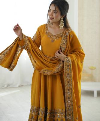 Mustard Roman Silk Embroidered Sequence Anarkali Set with Dupatta 3