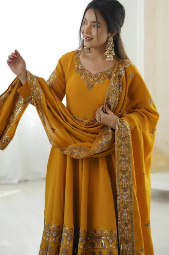 Mustard Roman Silk Embroidered Sequence Anarkali Set with Dupatta