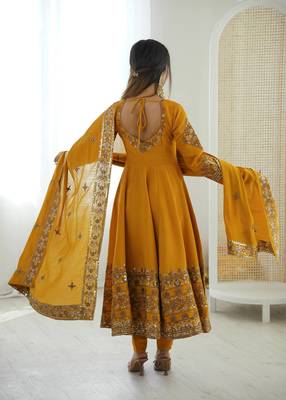 Mustard Roman Silk Embroidered Sequence Anarkali Set with Dupatta 4