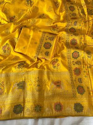 yellow satin silk wedding saree with meenakari zari work 1
