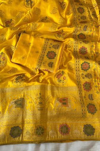 Yellow Color  Meenakari Zari Weaving Work  Satin Silk  Saree