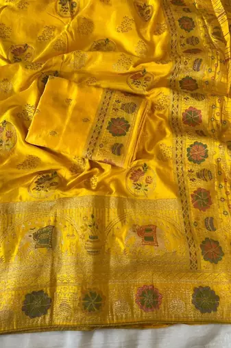 Yellow Color  Meenakari Zari Weaving Work  Satin Silk  Saree