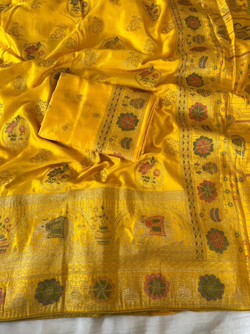 Yellow Color  Meenakari Zari Weaving Work  Satin Silk  Saree