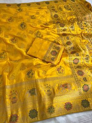 yellow satin silk wedding saree with meenakari zari work 2
