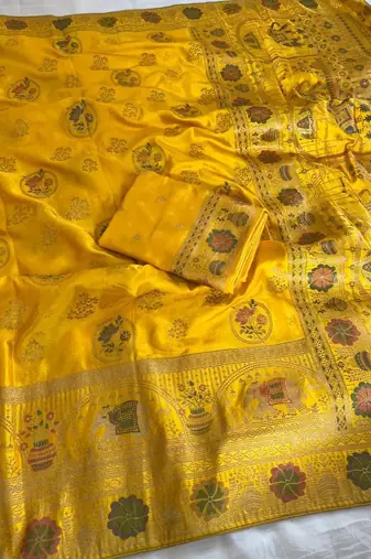 yellow satin silk wedding saree with meenakari zari work