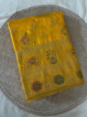 yellow satin silk wedding saree with meenakari zari work 3