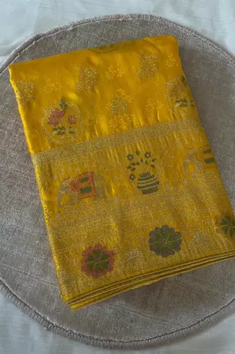 yellow satin silk wedding saree with meenakari zari work