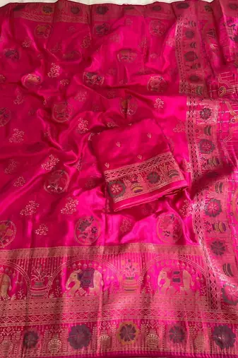 Rani Pink Color  Meenakari Zari Weaving Work  Satin Silk  Saree