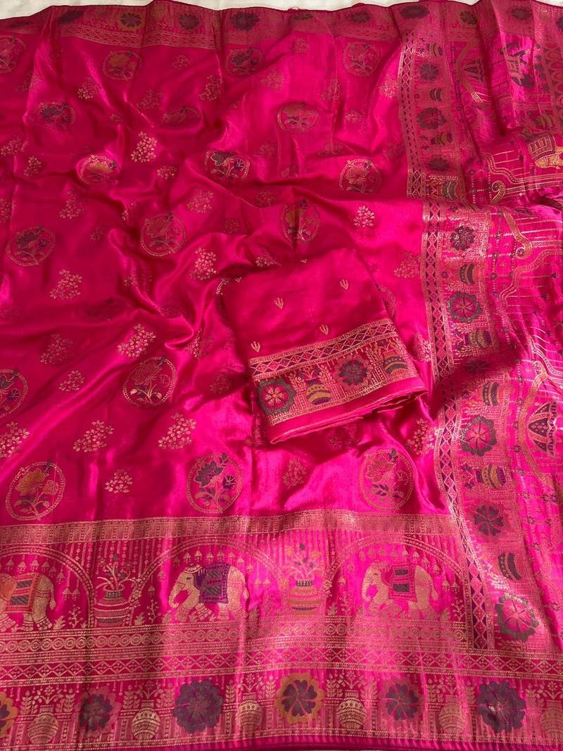 Rani Pink Color  Meenakari Zari Weaving Work  Satin Silk  Saree