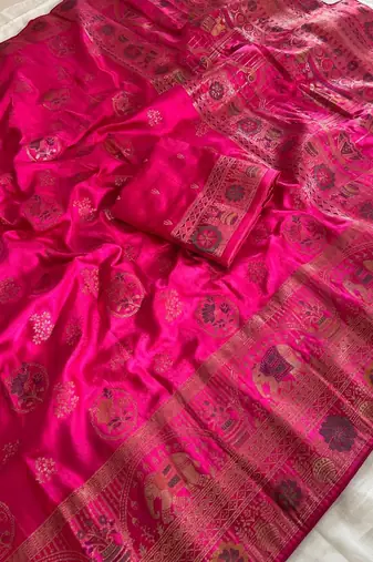 rani pink satin silk wedding saree with meenakari work