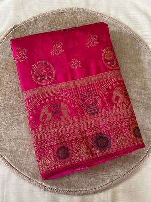 rani pink satin silk wedding saree with meenakari work 3