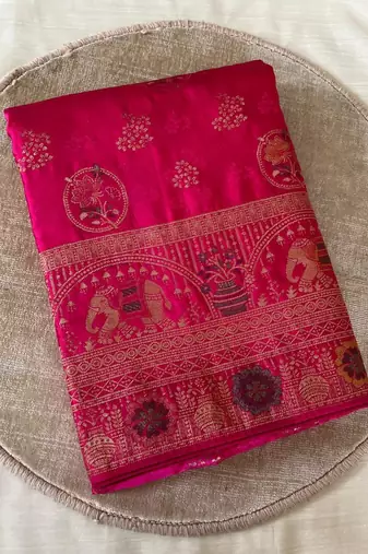 rani pink satin silk wedding saree with meenakari work