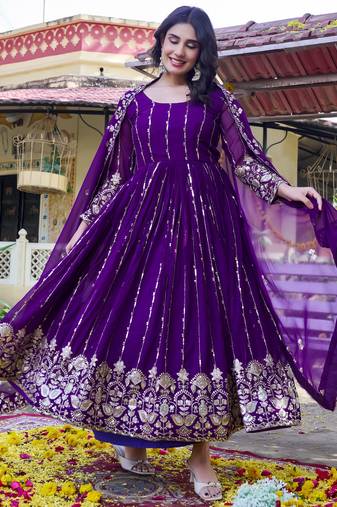 Stunning Purple Sequins Georgette Evening Wear Gown With Dupatta
