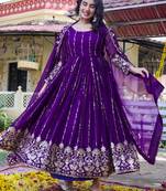 Stunning Purple Sequins Georgette Evening Wear Gown With Dupatta