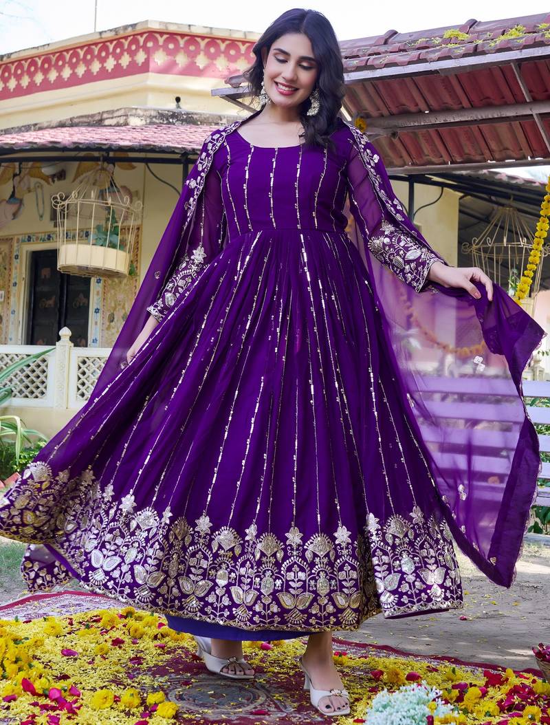 Stunning Purple Sequins Georgette Evening Wear Gown With Dupatta