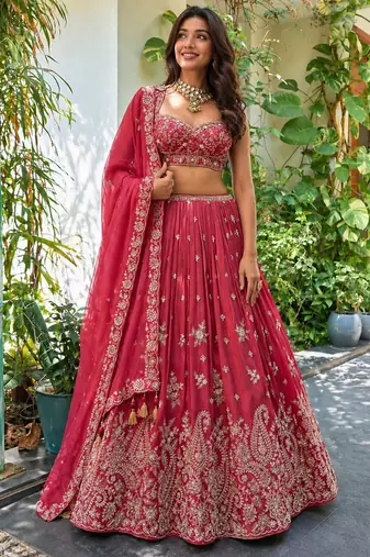 Elegant Pink Flowing Chinon Zari, Dori & Sequence Embroidered indian wedding lattest designer lehenga choli