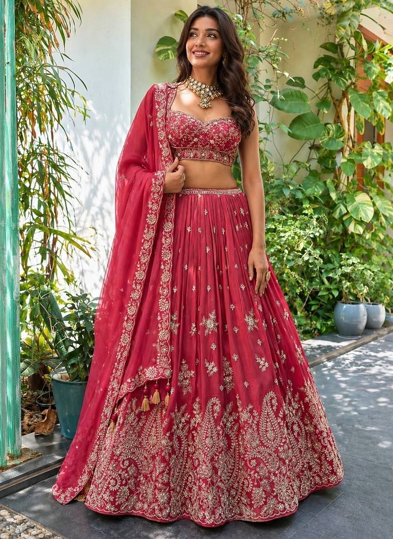 Elegant Pink Flowing Chinon Zari, Dori & Sequence Embroidered indian wedding lattest designer lehenga choli