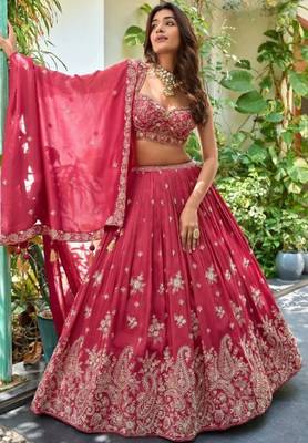 pink chinon zari embroidered wedding lehenga choli set 3