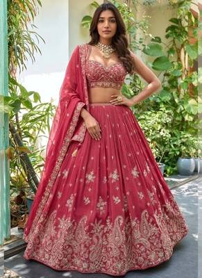 pink chinon zari embroidered wedding lehenga choli set 4