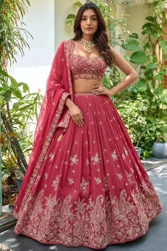 pink chinon zari embroidered wedding lehenga choli set