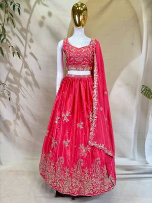 pink chinon zari embroidered wedding lehenga choli set 6