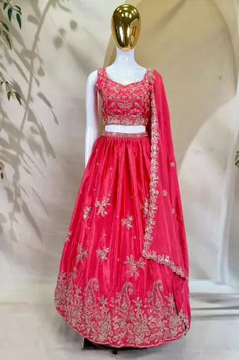pink chinon zari embroidered wedding lehenga choli set