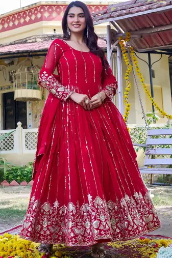 Lovely Red Sequins Georgette Engagement Wear Gown With Dupatta