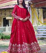 Lovely Red Sequins Georgette Engagement Wear Gown With Dupatta
