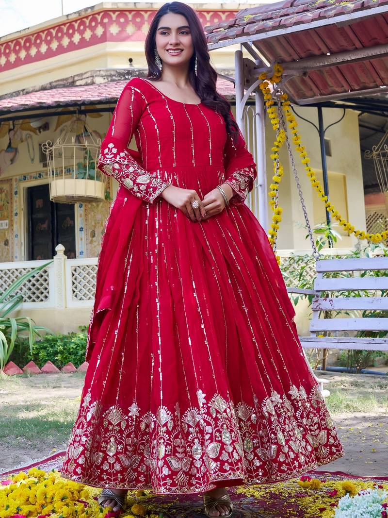 Lovely Red Sequins Georgette Engagement Wear Gown With Dupatta