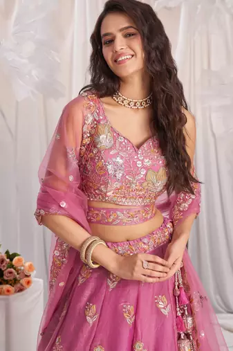 pink zari embroidered fendy bridal lehenga choli