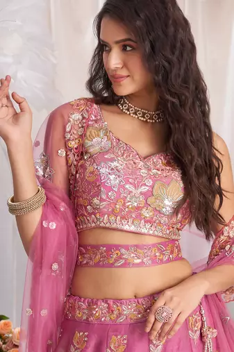 pink zari embroidered fendy bridal lehenga choli